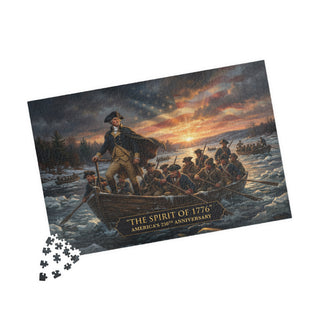 Puzzle with a historical scene of a man leading a group across a river at sunset, titled 'The Spirit of 1776'.