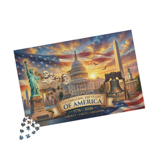 Puzzle with American landmarks and 'Celebrating 250 Years of America' text on a white background