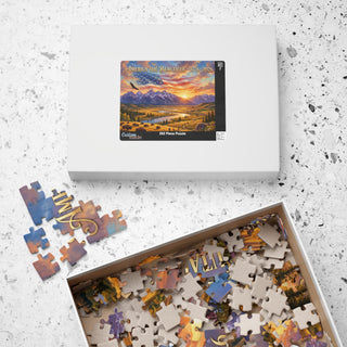 Jigsaw puzzle with completed pieces and a box of puzzle pieces on a textured surface