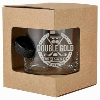 USA Hockey Double Gold - Hockey Puck Embedded Glassware