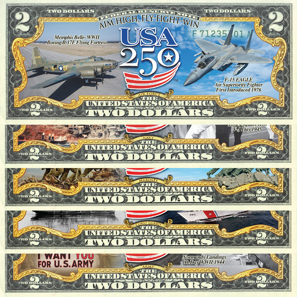 USA 250th Anniversary Military Bill Collectible $2 Bill Bundle [SAVE 10%] (Only 250 Available)