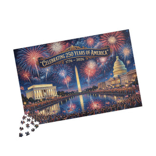 250 Years of America jigsaw puzzle featuring fireworks, the Lincoln Memorial, and the Washington Monument.