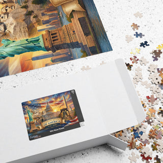 Puzzle box with a partially completed puzzle on a textured surface