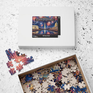 250 Years of America jigsaw puzzle box with fireworks design, pieces scattered in a white box on a speckled surface.