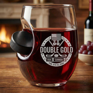 USA Hockey Double Gold - Hockey Puck Embedded Glassware