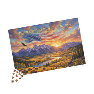 Jigsaw puzzle with a scenic design of mountains, river, and American flag, featuring 'America the Beautiful' text.