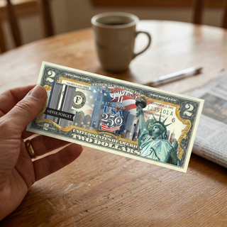 Commemorative $2 bill featuring 9/11 and America's 250th anniversary, with images of the Statue of Liberty and skyline.
