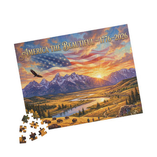 Jigsaw puzzle with a scenic design of mountains, river, and American flag, featuring text 'America the Beautiful 1776-2026'.