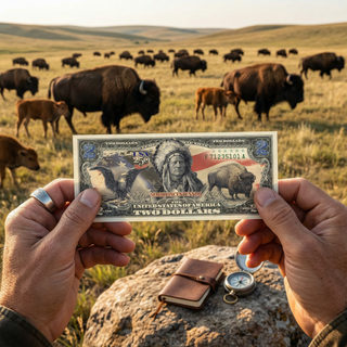 250th Anniversary $2 bill featuring Black Eagle, Indian Chief, and Bison, held in hands with a bison herd in the background.