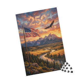 Jigsaw puzzle with a scenic design of an American flag, eagle, and mountains.