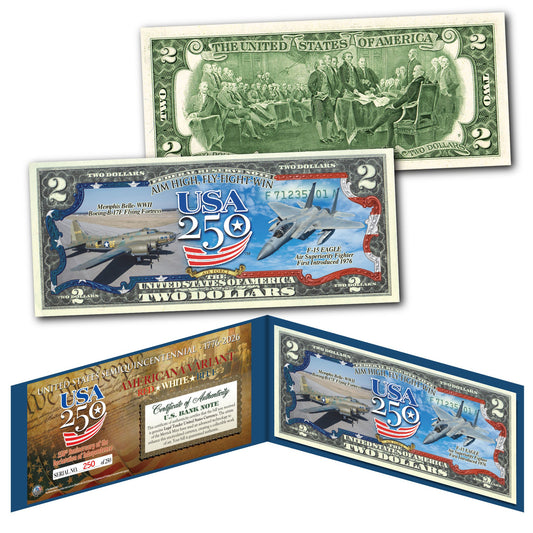 U.S. Air Force "AIM HIGH, FLY-FIGHT" - Genuine Legal Tender U.S. $2 Bill (Only 250 Available)