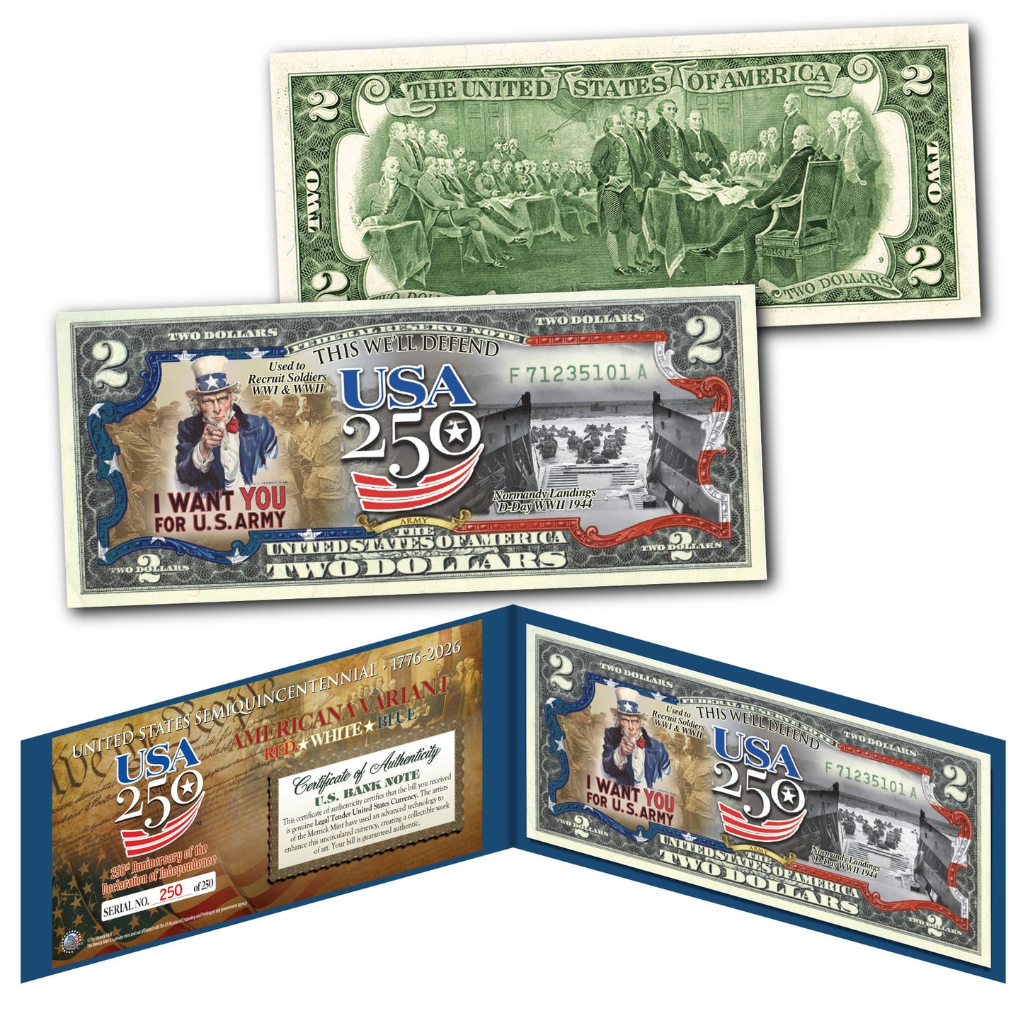 [FLAG BORDER] U.S Army "This We'll Defend" - Genuine Legal Tender U.S. $2 Bill (250 Available & Individually Numbered)