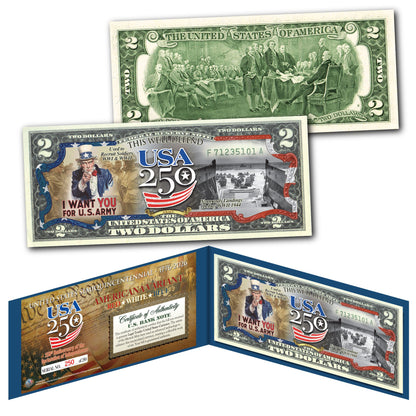 [FLAG BORDER] USA 250th Anniversary Military Collectible $2 Bill Bundle [SAVE 10%] (250 Available & Individually Numbered)