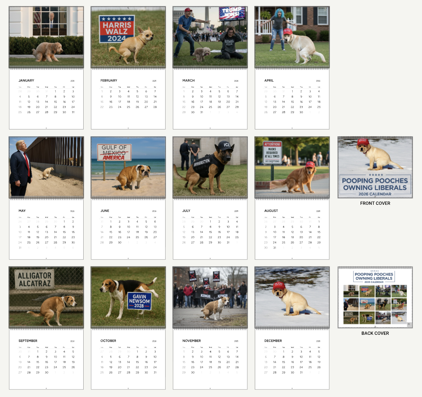 Pooping Pooches Owning Liberals 2026 Calendar - Funny Calendar & White Elephant Gag Gift