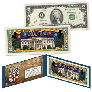 Colorized "White House" Genuine Legal Tender $2 Bill – USA 250th Collector's Edition