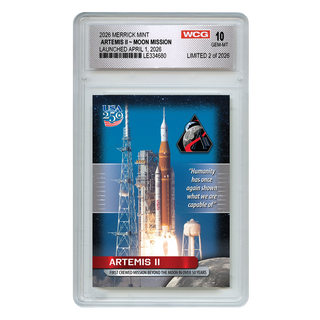 Artemis II collectible trading card featuring a rocket launch, graded GEM-MT 10, limited edition of 2026.