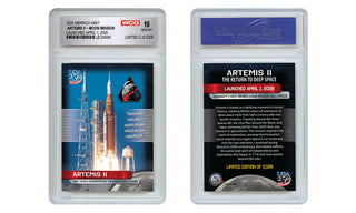 Artemis II Moon Mission collectible trading card, featuring launch details and WCG graded GEM-MT 10 label.