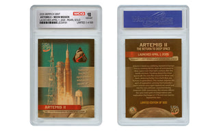 Artemis II collectible pearl gold trading card, WCG graded GEM-MT 10, featuring mission details and artwork of the rocket.