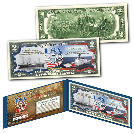 [FLAG BORDER] "SEMPER PARATUS" Coast Guard - Genuine Legal Tender U.S. $2 Bill (250 Available & Individually Numbered)