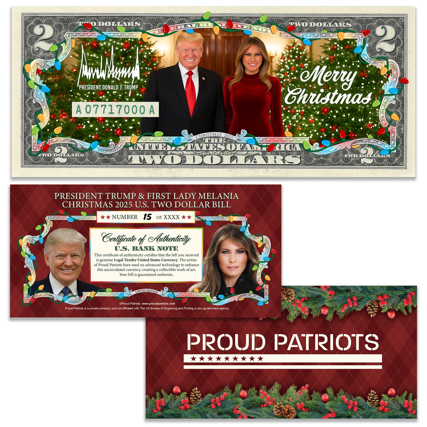 Christmas 2025 Collectible $2 Bill - President Donald Trump & First Lady Melania Trump (Individually Numbered Certificate)