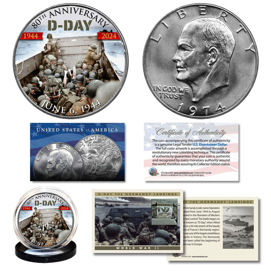 WORLD WAR II 80th Anniversary 1944-2024 D-DAY NORMANDY LANDINGS  Genuine IKE Dollar US Legal Tender Coin w/ Collectible Trading Card.