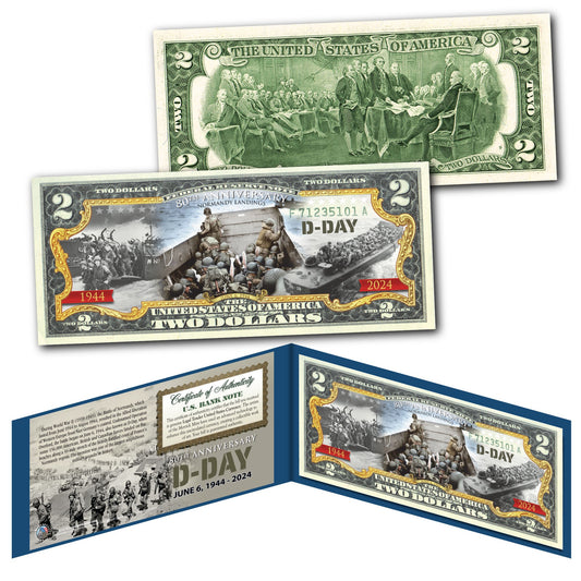 WORLD WAR II 80th Anniversary 1944-2024 D-DAY NORMANDY LANDINGS Colorized $2 Bill US Legal Tender