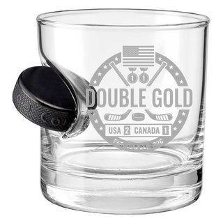 USA Hockey Double Gold - Hockey Puck Embedded Glassware