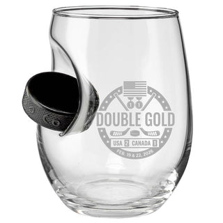 USA Hockey Double Gold - Hockey Puck Embedded Glassware