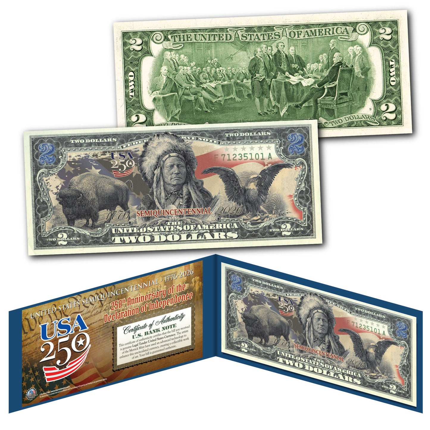 USA 250th Anniversary $2 Bill – Black Eagle, Indian Chief & American Bison | Genuine Legal Tender
