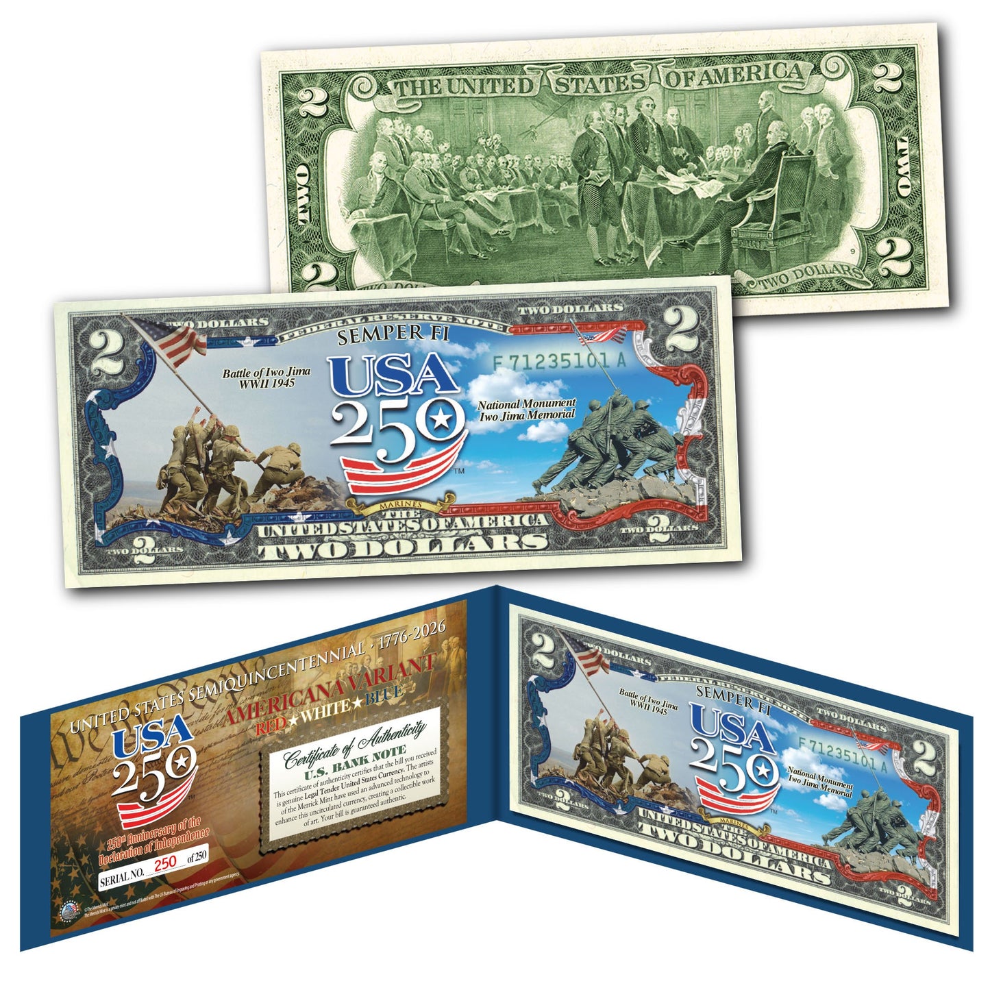[FLAG BORDER] USA 250th Anniversary Military Collectible $2 Bill Bundle [SAVE 10%] (250 Available & Individually Numbered)
