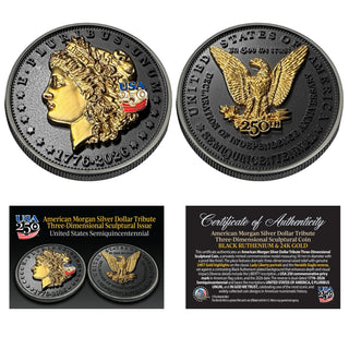 3D Morgan Silver Dollar Tribute Coin With USA 250 Privy Mark (Black Ruthenium & 24k Gold)