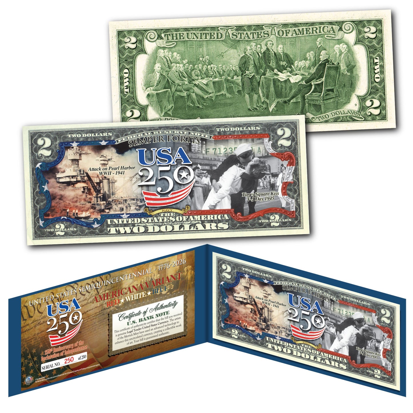 [FLAG BORDER] USA 250th Anniversary Military Collectible $2 Bill Bundle [SAVE 10%] (250 Available & Individually Numbered)