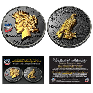 All Three 3D Tribute Coins With USA 250 Privy Marks (Black Ruthenium & 24k Gold)