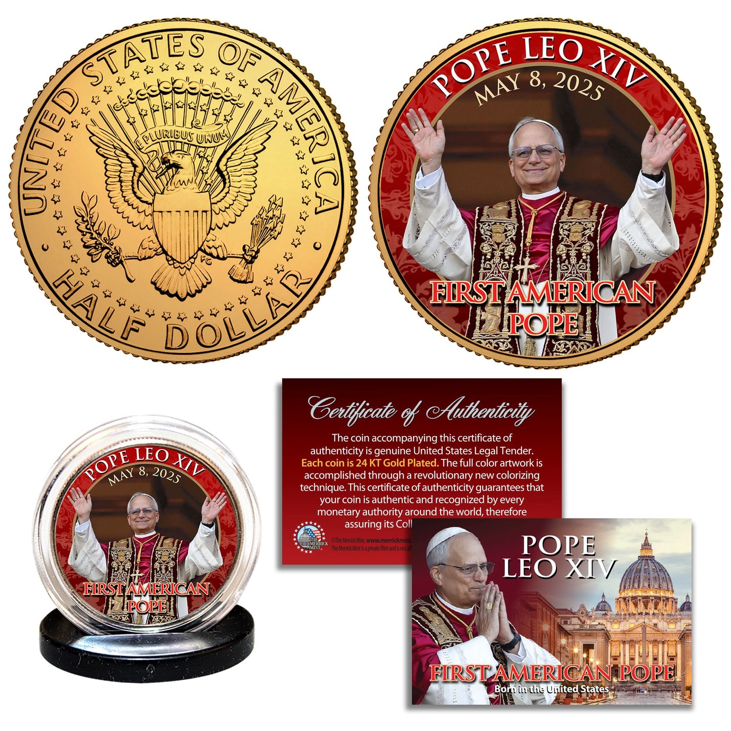 Pope Leo XIV The First American Pope - Collectible Gold Half Dollar 2025 JFK Coin