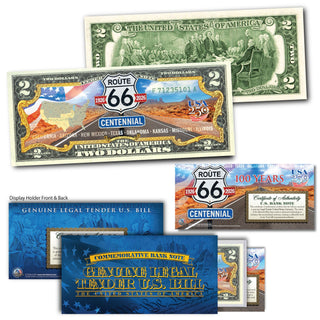 Route 66 Centennial (1926 - 2026) Genuine Legal Tender $2 Bill – USA 250th Collector's Edition