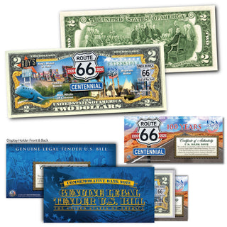 Two commemorative U.S. two-dollar bills with Route 66 design, displayed with a holder and certificate of authenticity.