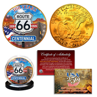 Route 66 Centennial (1926 - 2026) 24 KT Gold One Dollar Coin – USA 250th Collector's Edition