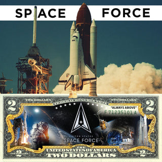 U.S. $2 bill featuring the new Space Force logo with a space shuttle and astronaut imagery.