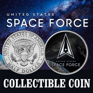 Space Force" new logo on an authentic JFK half dollar coin, featuring a detailed eagle design and a star emblem.