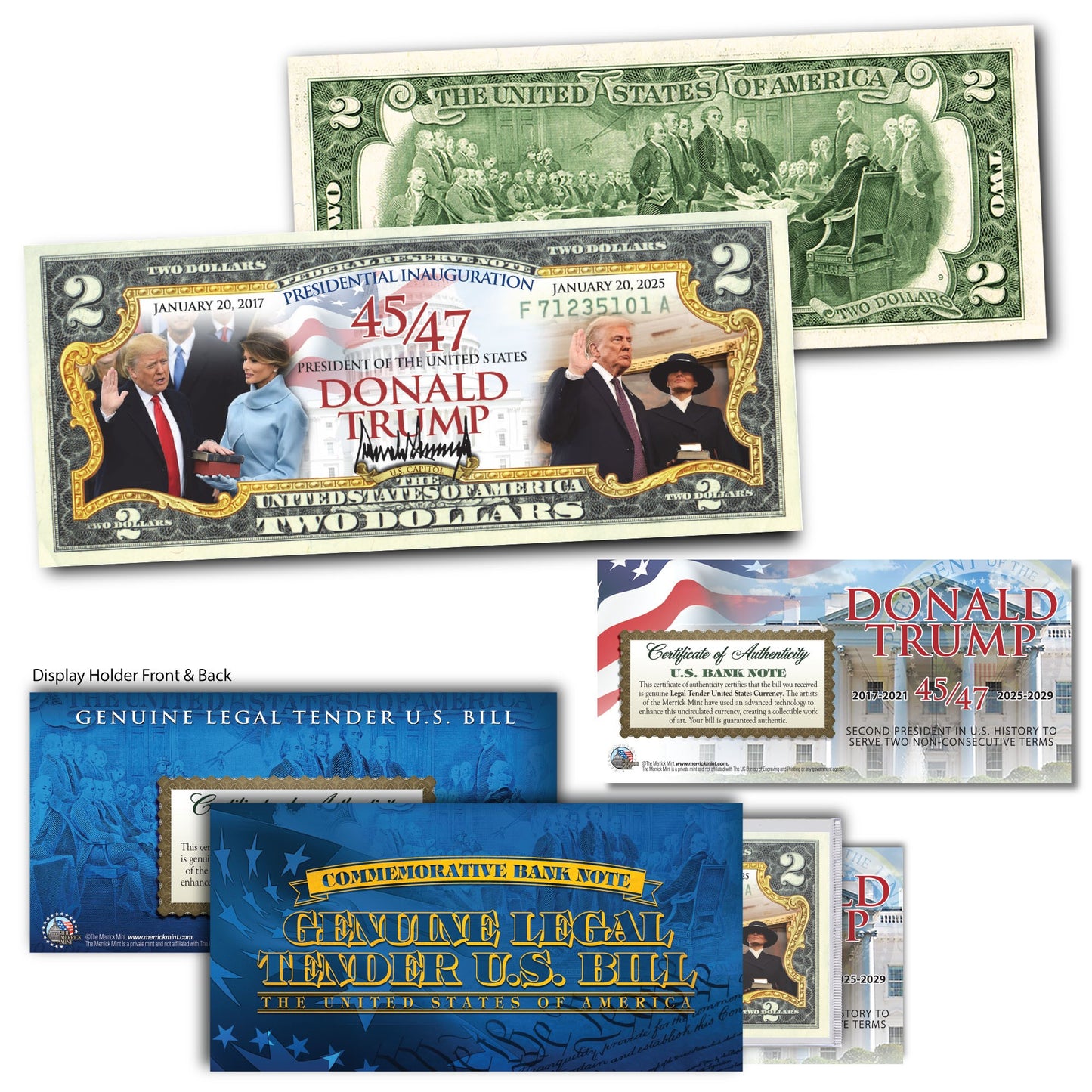 Dual Inauguration President Donald Trump Collectible $2 Bill (Genuine Legal Tender)