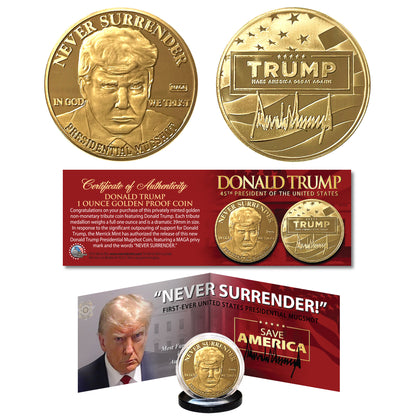 Trump Mugshot Golden Proof Coin - 1 Ounce & 39mm - MAGA Privy Mark