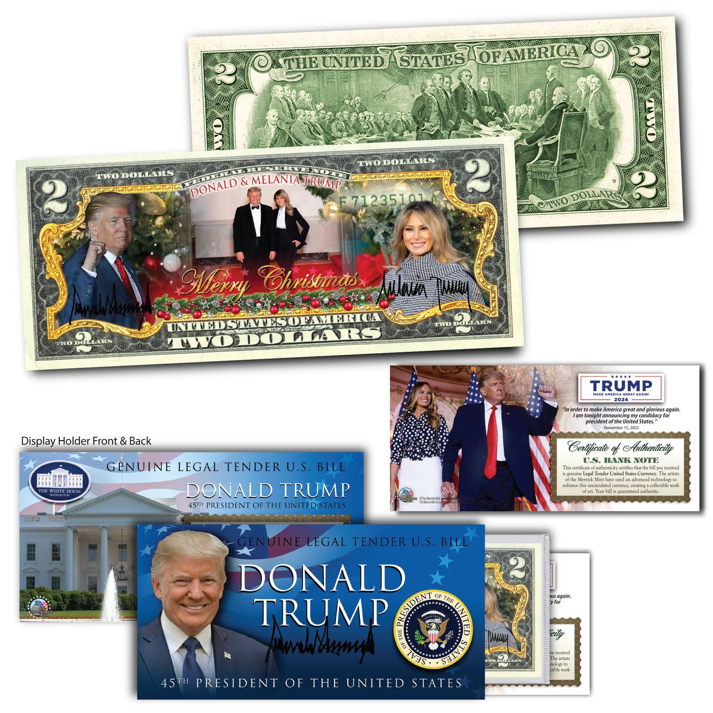 Christmas 2023 - Donald & Melania Trump - Genuine Legal Tender U.S. $2 Bill
