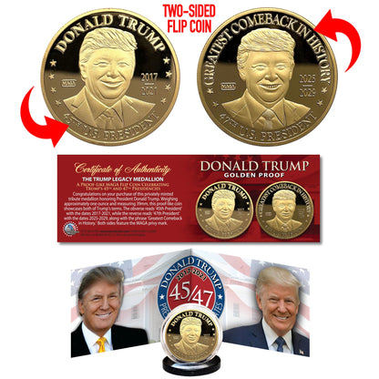 The Trump Legacy Medallion 45/47 Two-Term President - Collectible Golden Proof Flip Coin