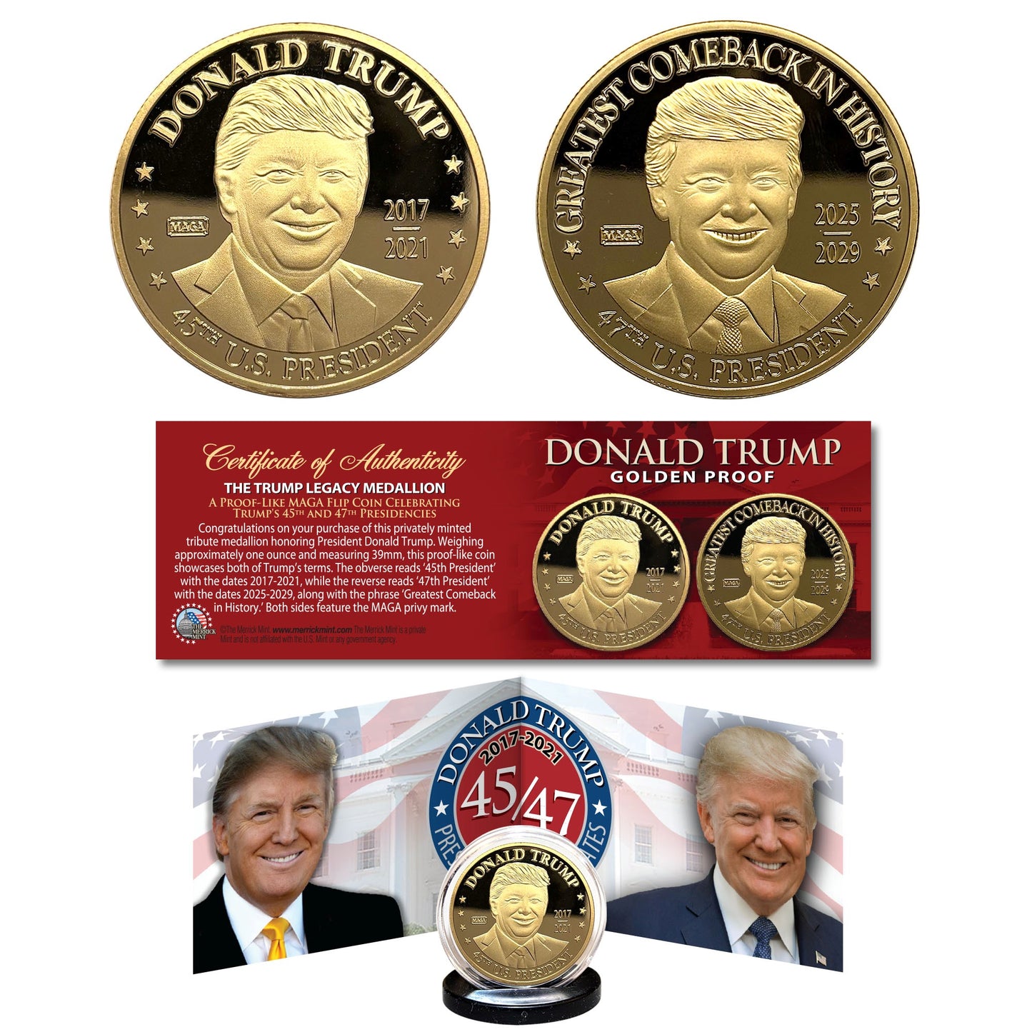 The Trump Legacy Medallion 45/47 Two-Term President - Collectible Golden Proof Flip Coin