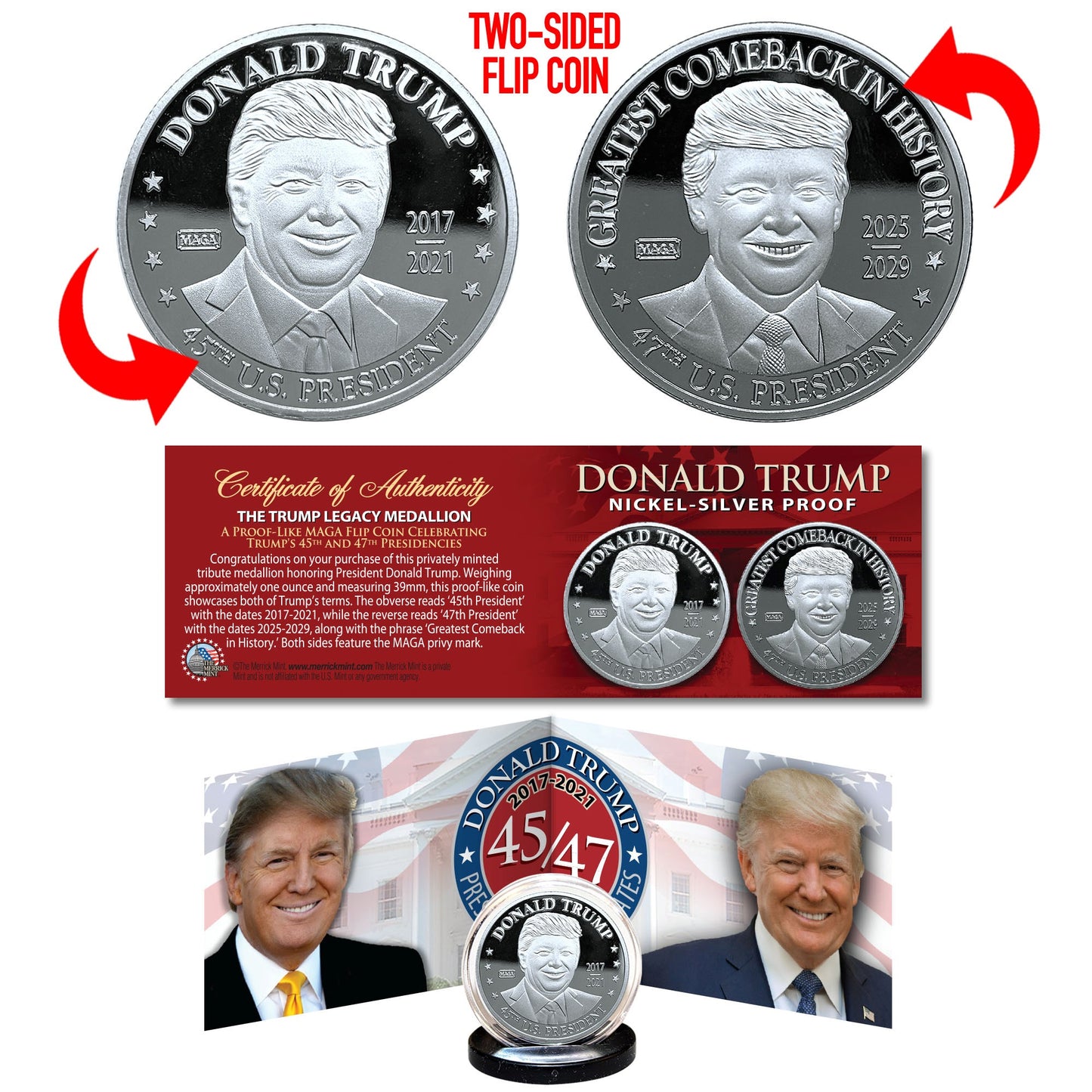 The Trump Legacy Medallion 45/47 Two-Term President - Collectible Silver Proof Flip Coin