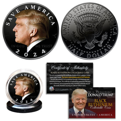 Black Ruthenium Donald Trump - "Save America 2024" - Authentic U.S. JFK Half Dollar
