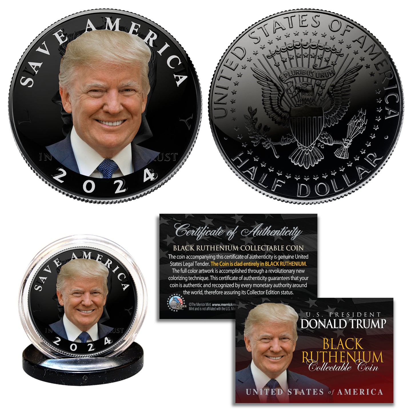 Black Ruthenium Donald Trump - "Save America" - Authentic U.S. JFK Half Dollar