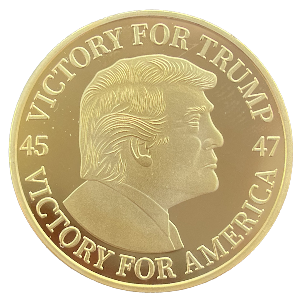Trump 45/47 gold coin featuring a profile of Trump with the text "Victory for Trump" and "Victory for America.