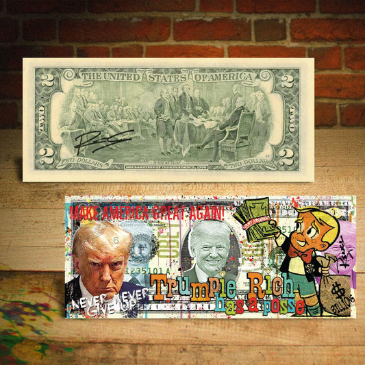 Donald Trump "Trumpie Rich" Presidential Mugshot U.S. $2 Bill Pop Art Signed by Artist Rency