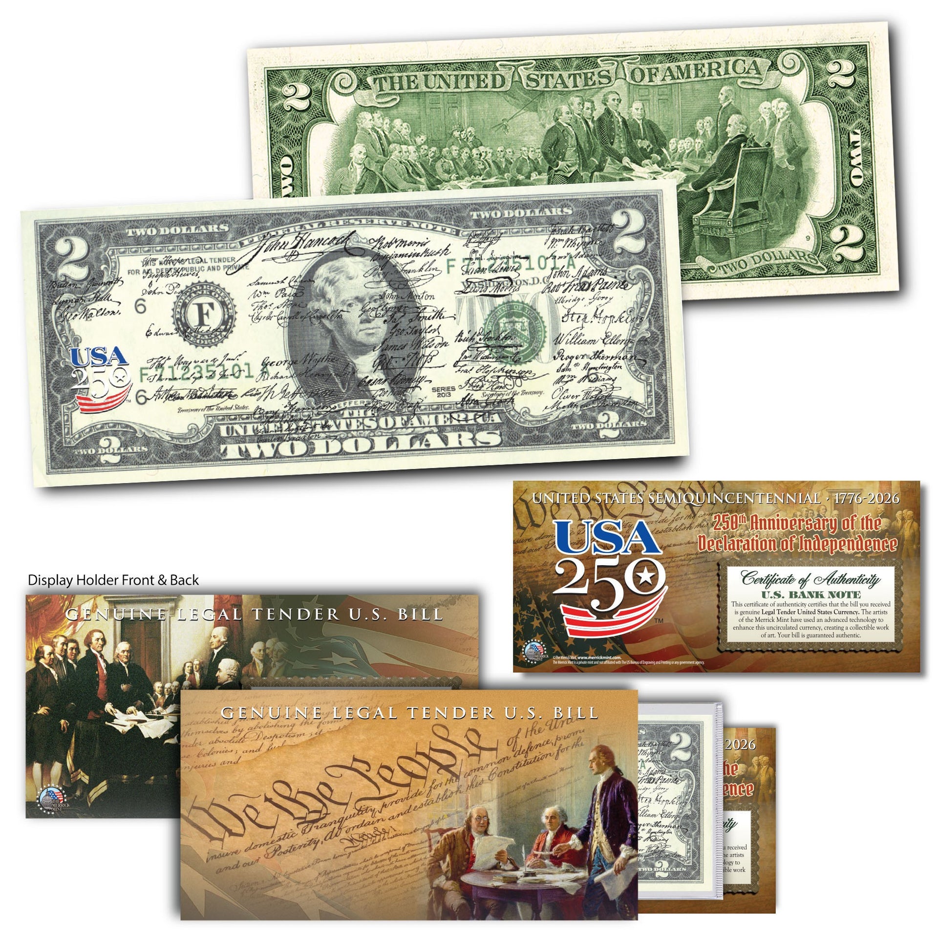 Declaration of Independence signatures on a $2 bill, featuring historical figures and commemorative details.